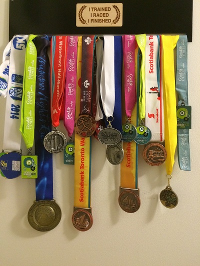 Running medals on display