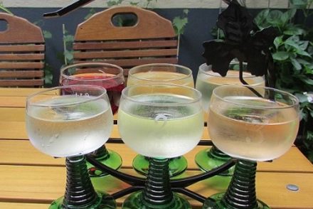 A wine tasting flight at Weingut Karl Heidrich in Bacharach, Germany.